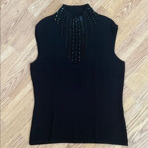 Chic Black Sleeveless Knit Blouse with Beaded Accents
